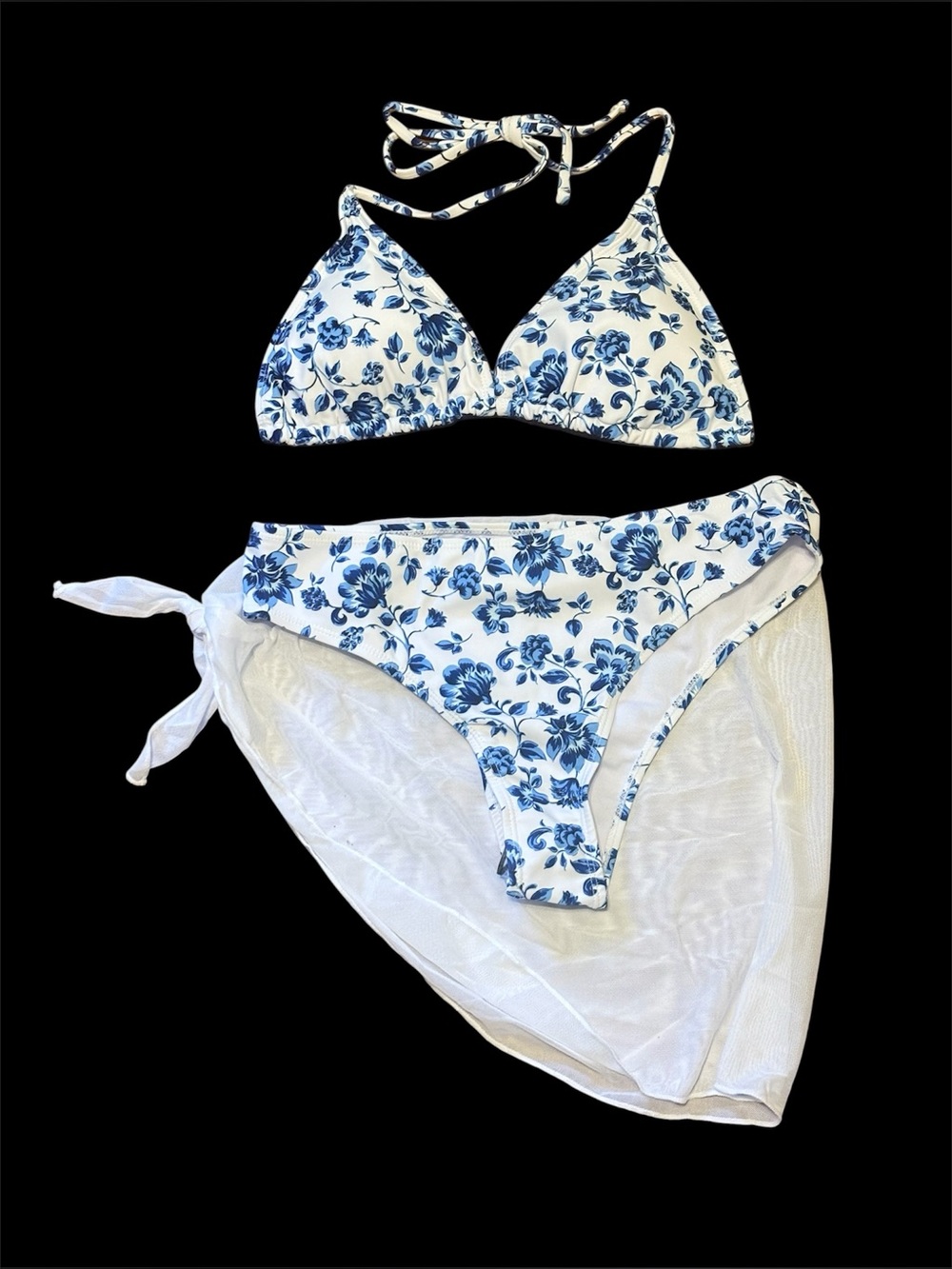 Blue Floral Triangle Bikini Set with Mesh Sarong Size L NWOT